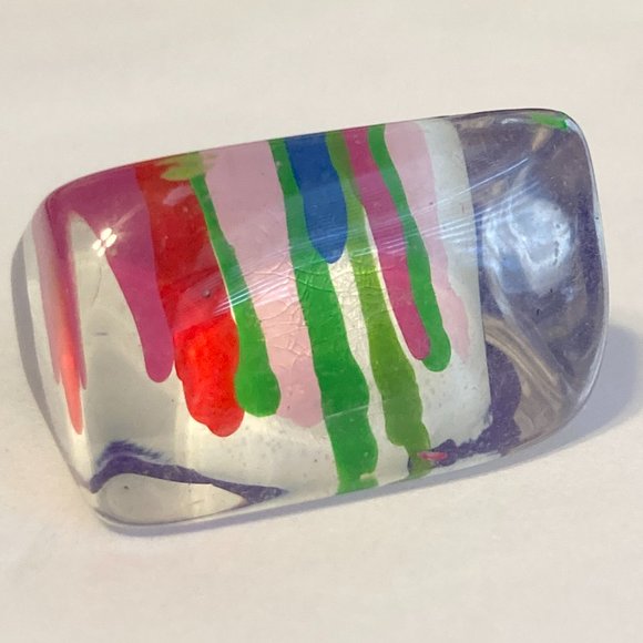 Vintage Lucite Acrylic Ring Size 6 Retro Abstract Hand Painted Pink Red White - Picture 6 of 12
